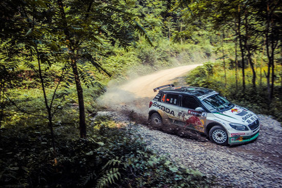 斯柯达红牛车队赛车在赛前堪路中