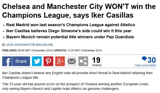 英国媒体解读卡西的话：切尔西曼城欧冠没戏