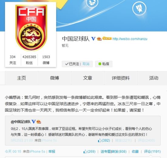 中国足球队微博截图