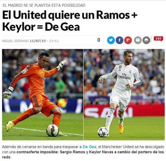 《马卡报》：曼联提出纳瓦斯+拉莫斯来交换德赫亚