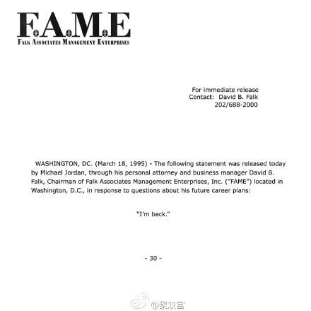 乔丹当年首次复出新闻稿