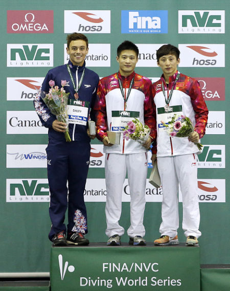 男子十米台前三合影。从左至右：戴利、杨健、林跃。